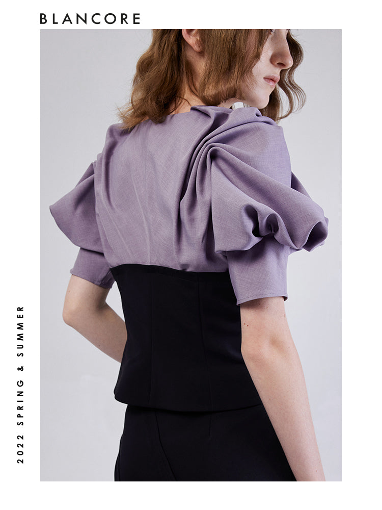 Color Block top With Puff Sleeve