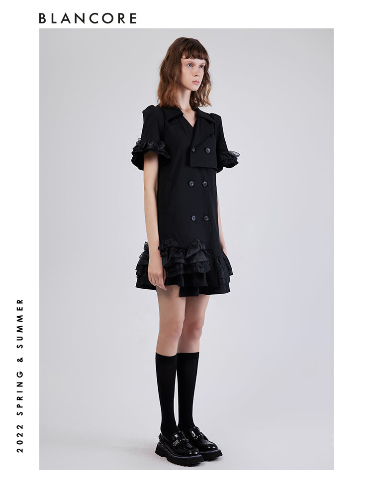 Fake 2-piece Blazer Dress With Mesh Embllished Hem