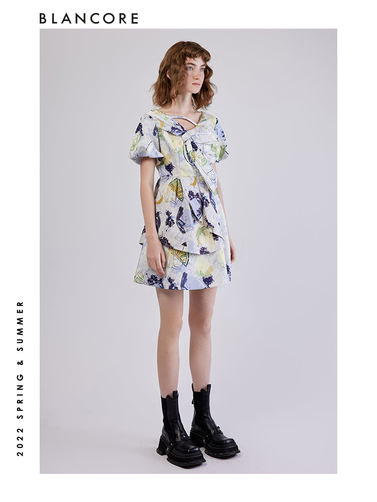 Printed Dress With Asymmetrical Bow