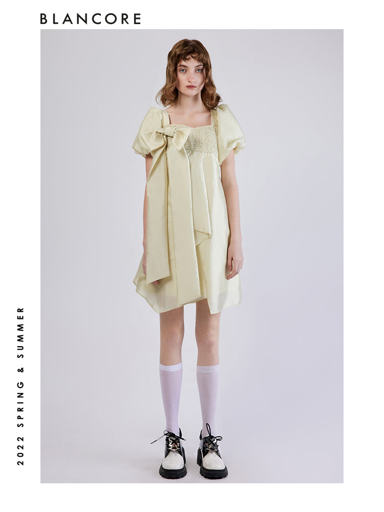 Square-Neck Cocoon Dress With Bow