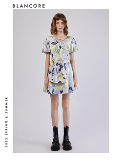 Printed Dress With Asymmetrical Bow