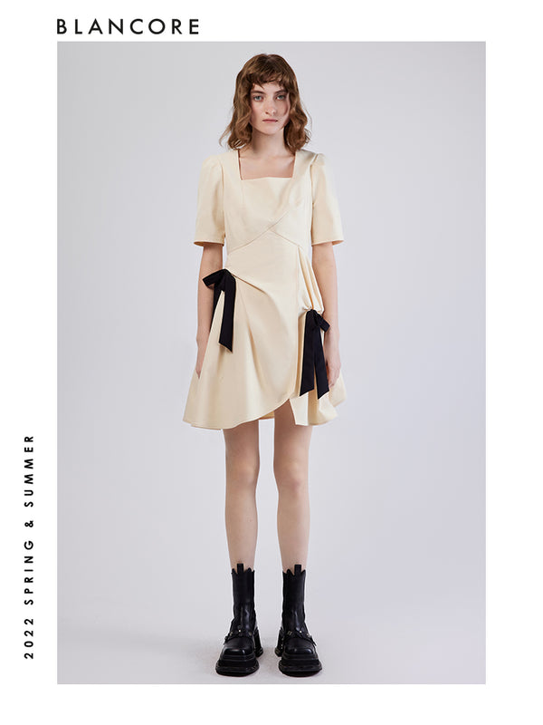 Deconstructed Dress With Color Block Shoulder Bow