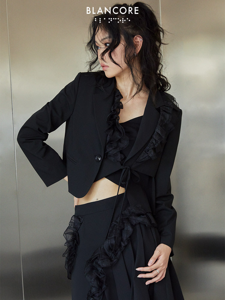 Ruffle-trimmed Lace-up Cropped Blazer With Double Placket