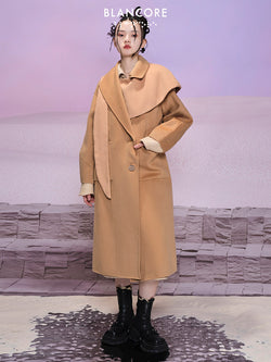 Wool Lace-up Long Coat With Asymmetrical Collar