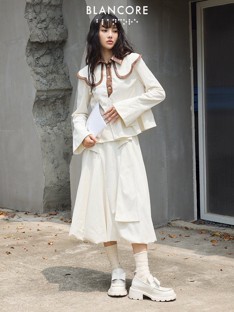 Leather Paneled Top With Petal Collar