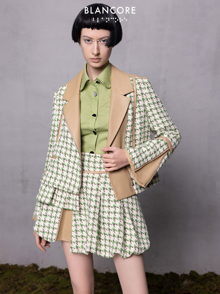 Leather Paneled Houndstooth Jacquard Moto Jacket
