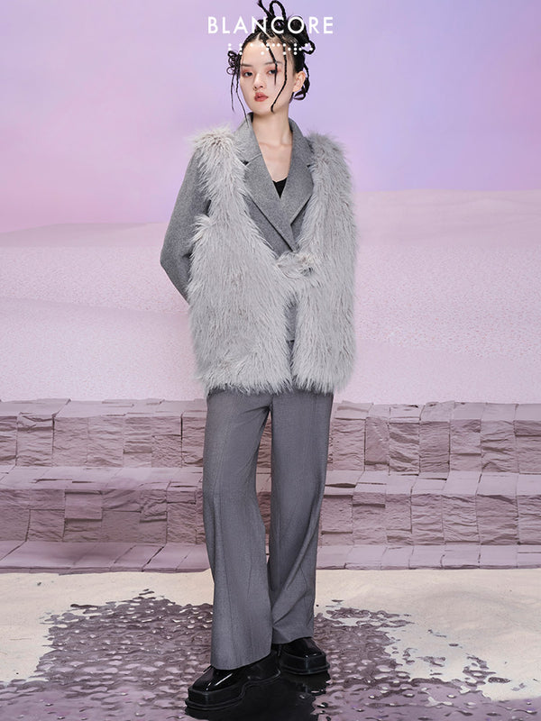 two-piece fur & Wool crop Coat