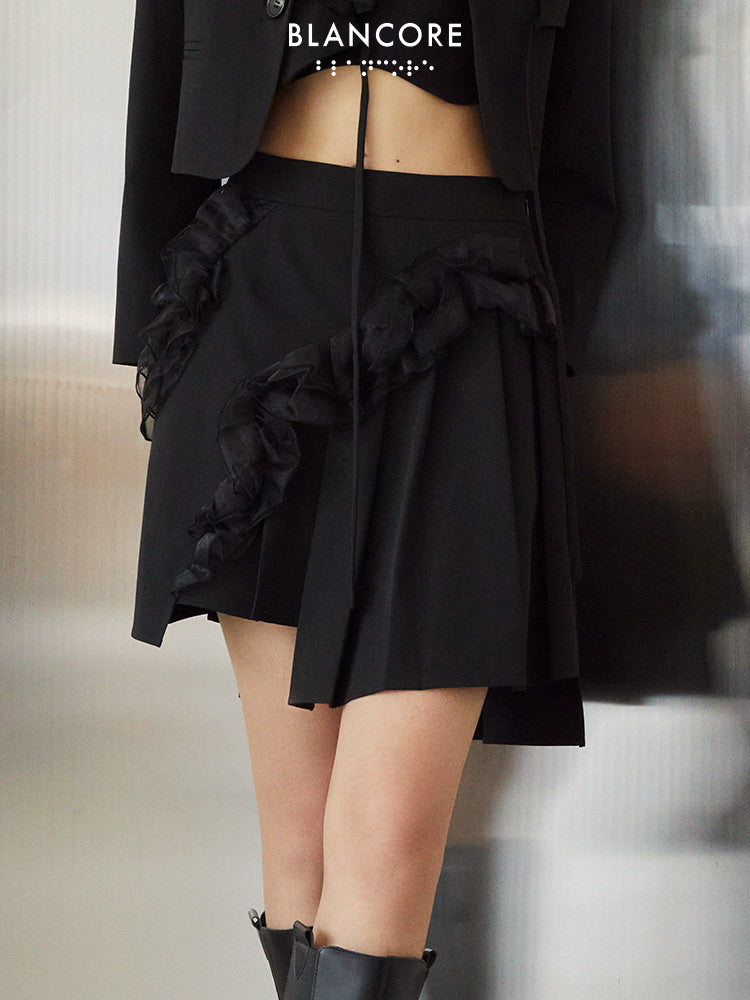 Ruffle-trimmed Asymmetrical Pleated Skirt