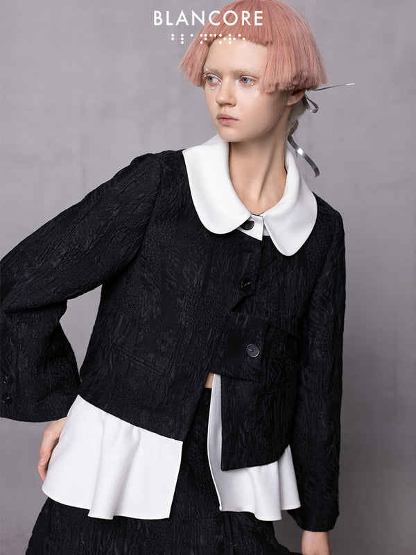 Fake 2-Piece Deconstructed Jacquard Jacket With Doll Collar
