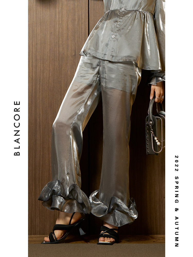 Shiny Trousers With Ruffle Hem