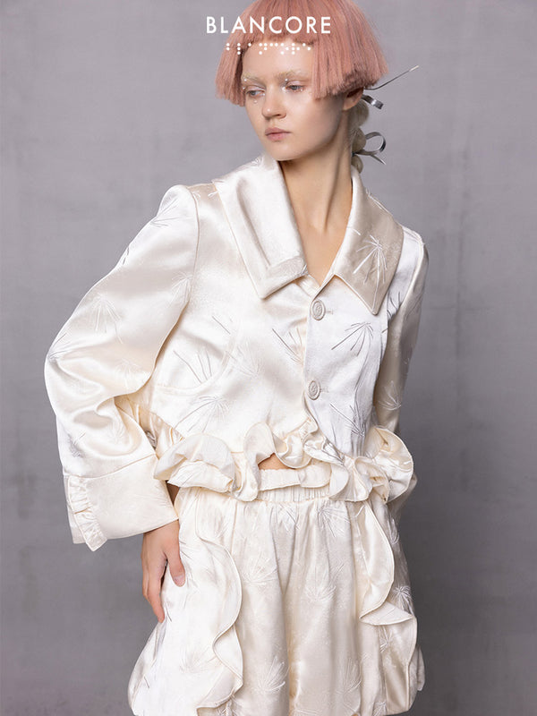 Shiny Embroidered Crop Coat With Ruffle Hem