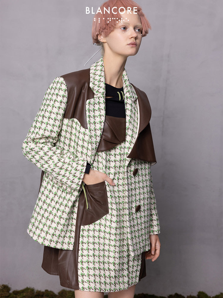 Leather Paneled Houndstooth Jacquard Oversized Coat