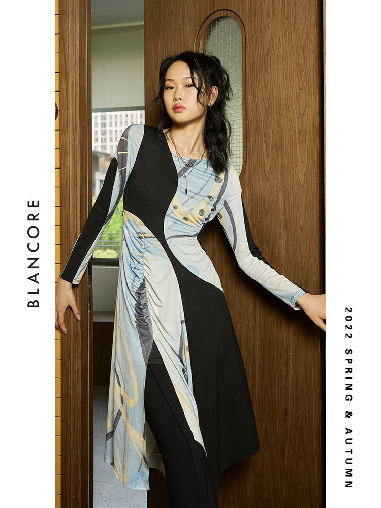 Galaxy Print Knit Paneled Dress