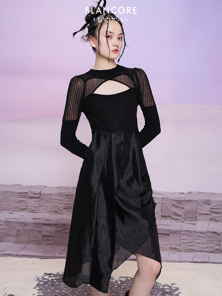 Mesh Paneled Knit Midi Dress