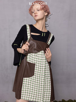 Leather Paneled Houndstooth Jacquard Suspender Skirt