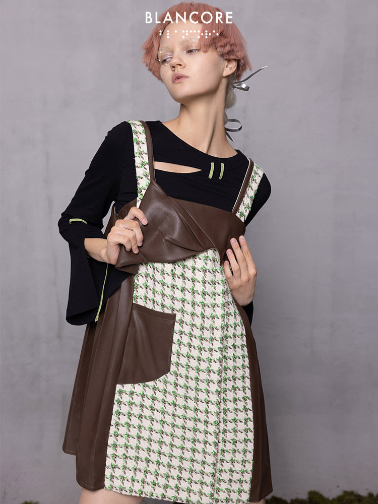 Leather Paneled Houndstooth Jacquard Suspender Skirt