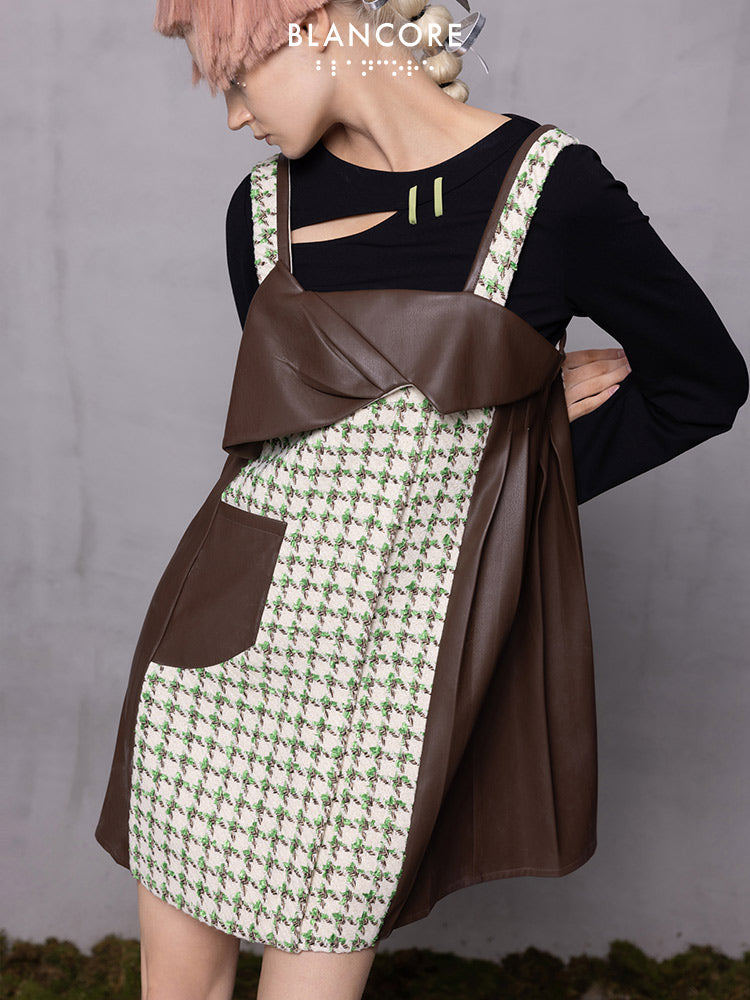 Leather Paneled Houndstooth Jacquard Suspender Skirt