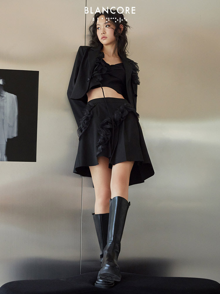 Ruffle-trimmed Asymmetrical Pleated Skirt