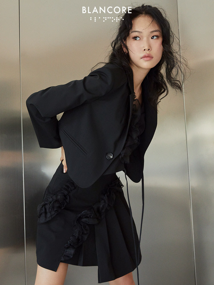 Ruffle-trimmed Lace-up Cropped Blazer With Double Placket