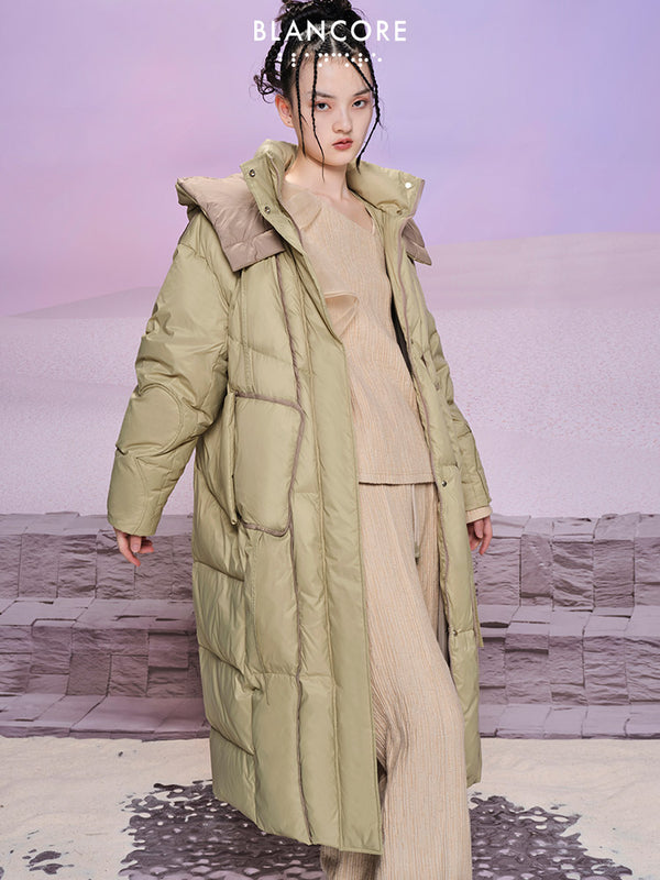 Oversized Long Down Jacket With Diagonal Placket Detail