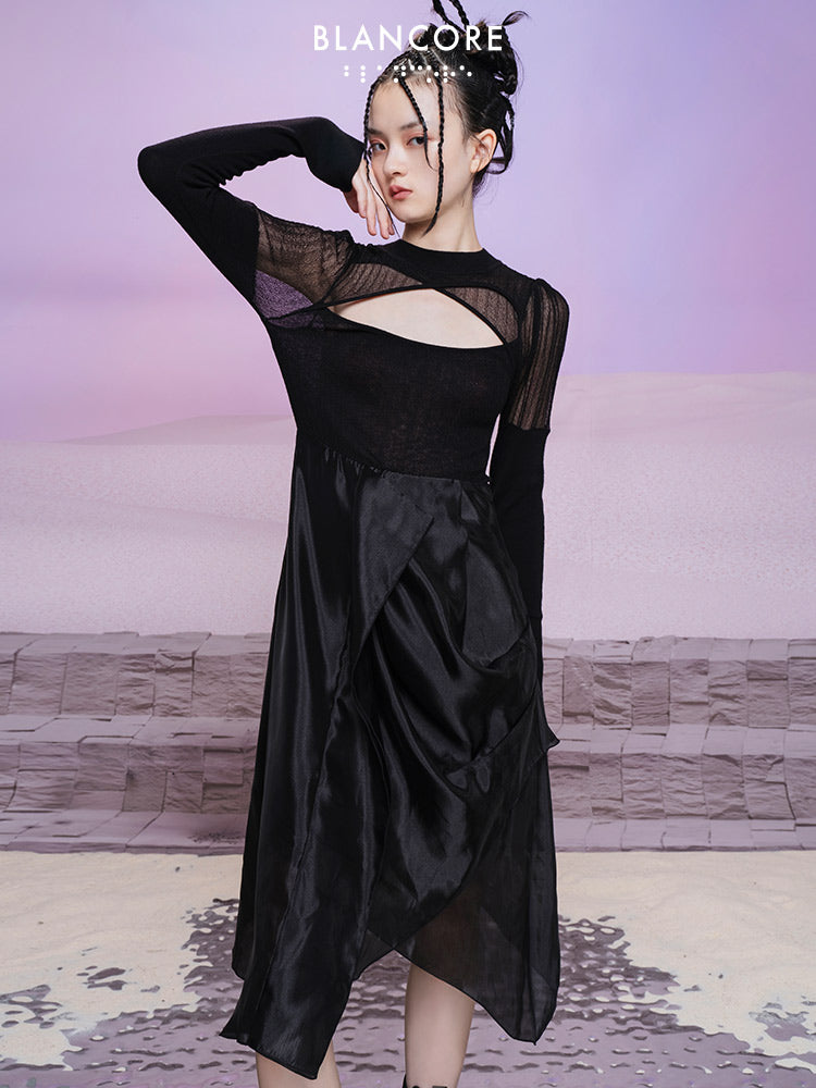 Mesh Paneled Knit Midi Dress