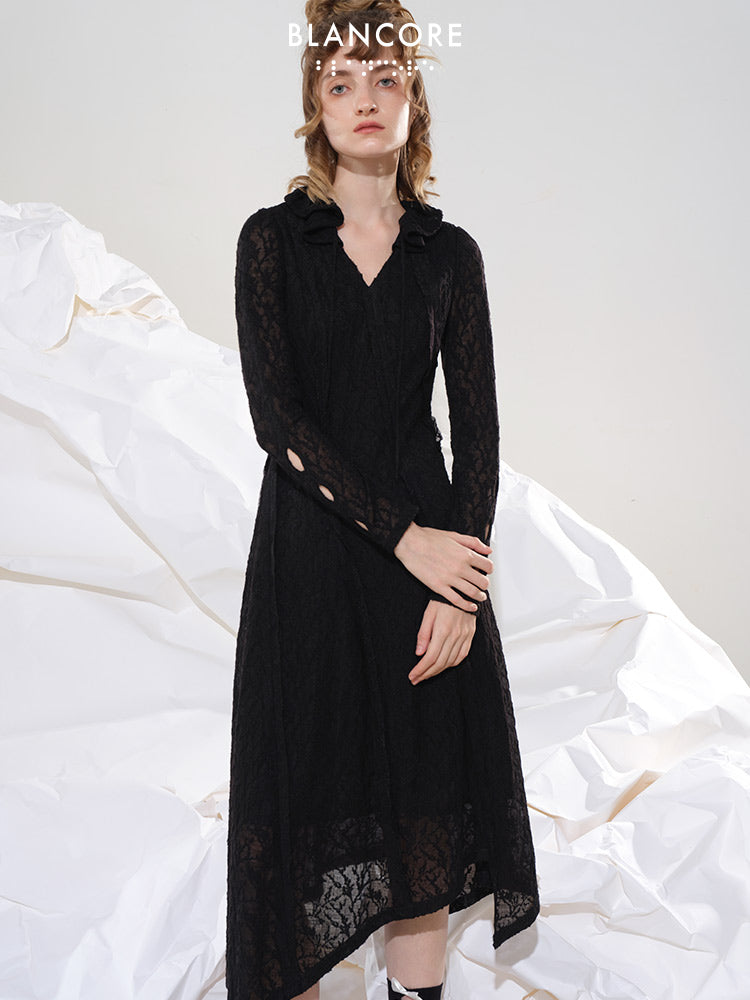 Lace Long Sleeve Midi Dress With Swing Collar
