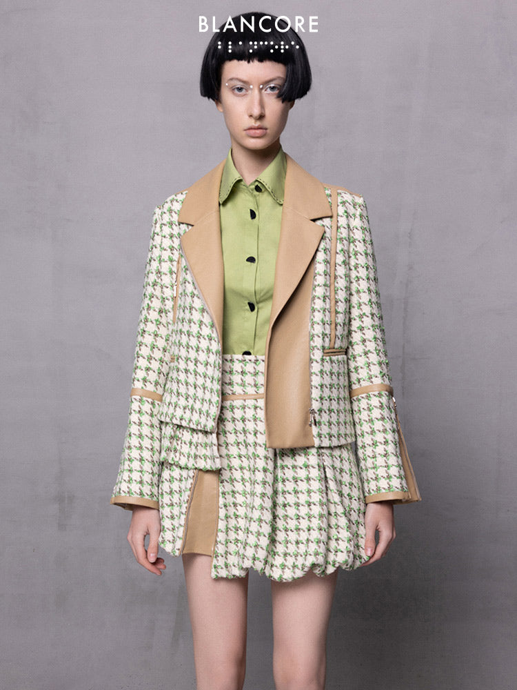 Leather Paneled Houndstooth Jacquard Moto Jacket