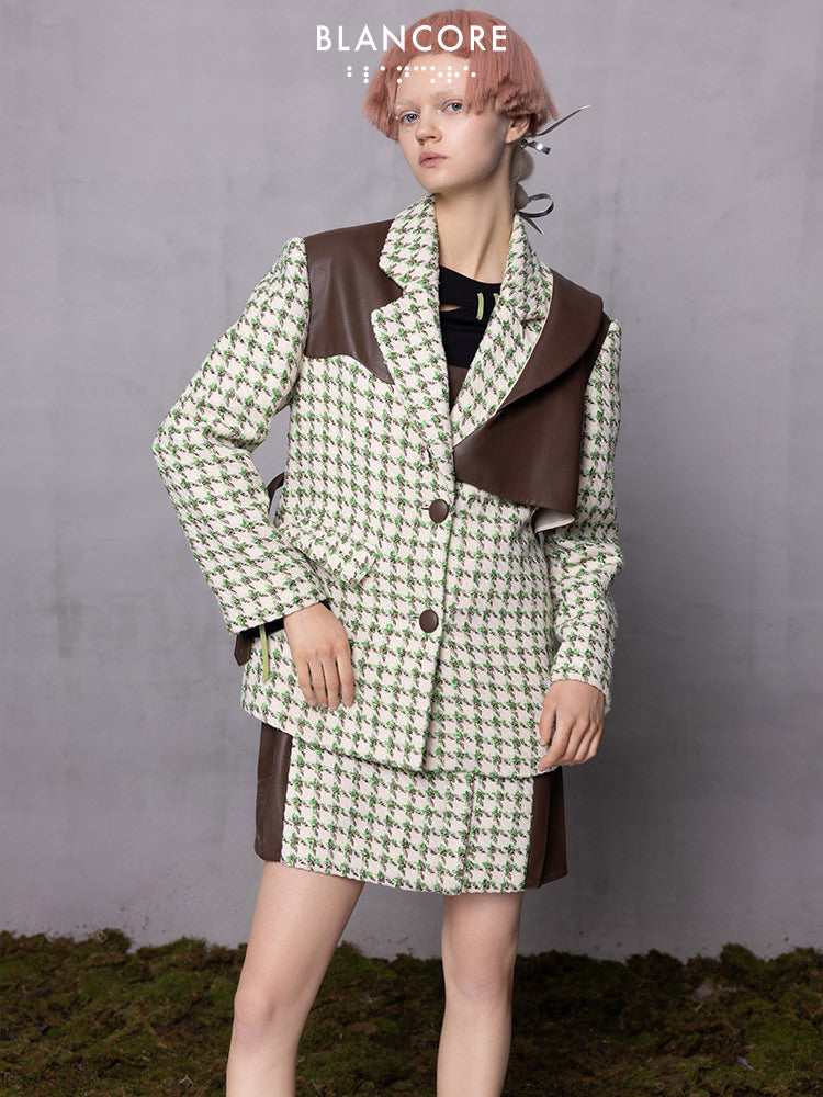 Leather Paneled Houndstooth Jacquard Oversized Coat