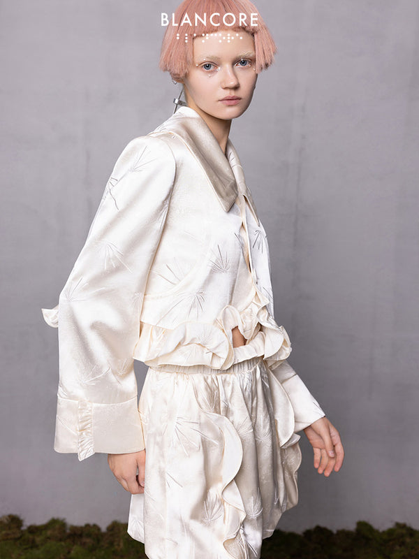 Shiny Embroidered Crop Coat With Ruffle Hem