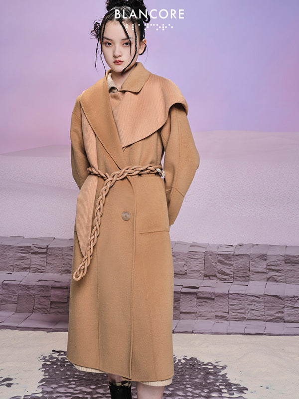 Wool Lace-up Long Coat With Asymmetrical Collar