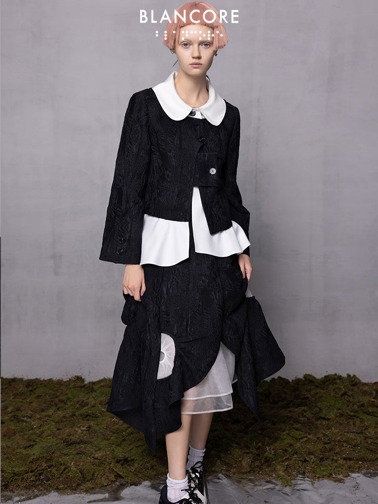 Fake 2-Piece Deconstructed Jacquard Jacket With Doll Collar