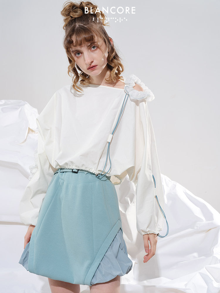 Color Block Drawstring Hollow-out Pullover Shirt With Doll Sleeve