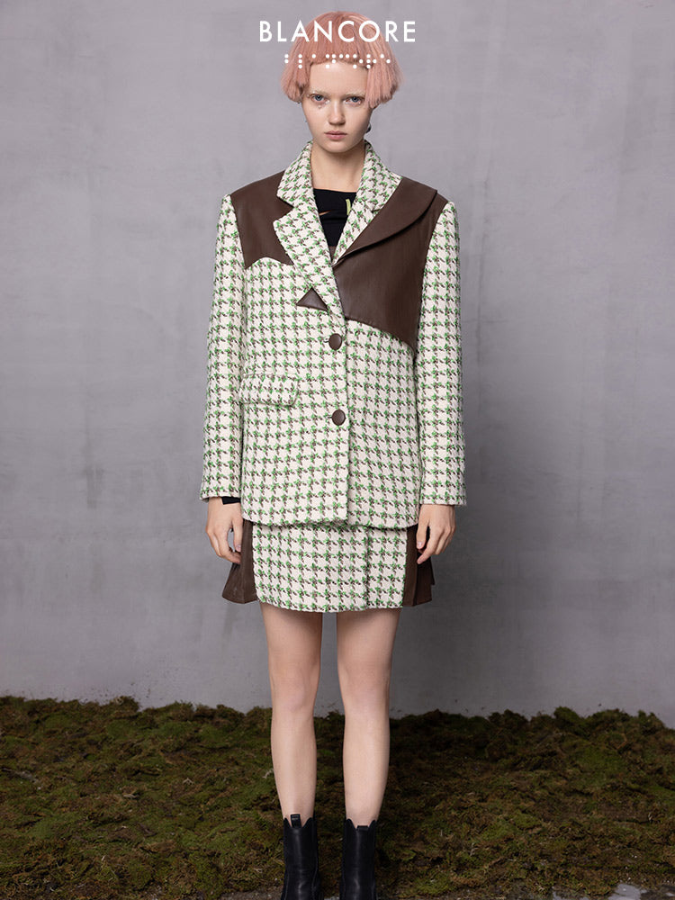 Leather Paneled Houndstooth Jacquard Oversized Coat