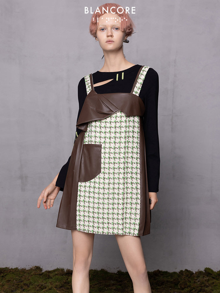 Leather Paneled Houndstooth Jacquard Suspender Skirt
