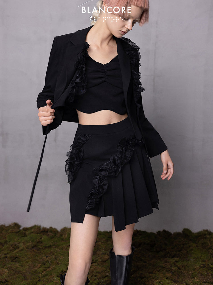 Ruffle-trimmed Asymmetrical Pleated Skirt