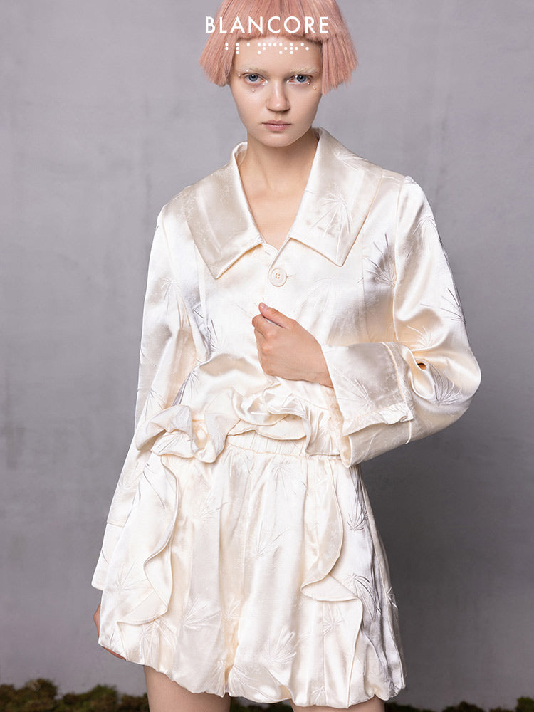 Shiny Embroidered Crop Coat With Ruffle Hem