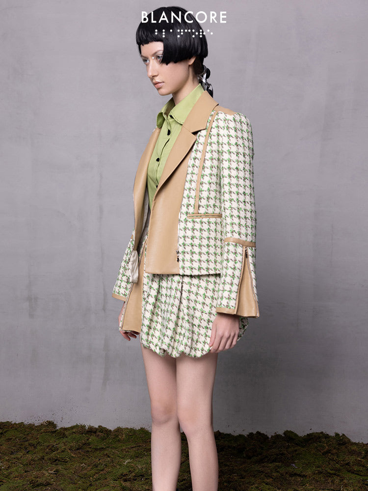 Leather Paneled Houndstooth Jacquard Moto Jacket