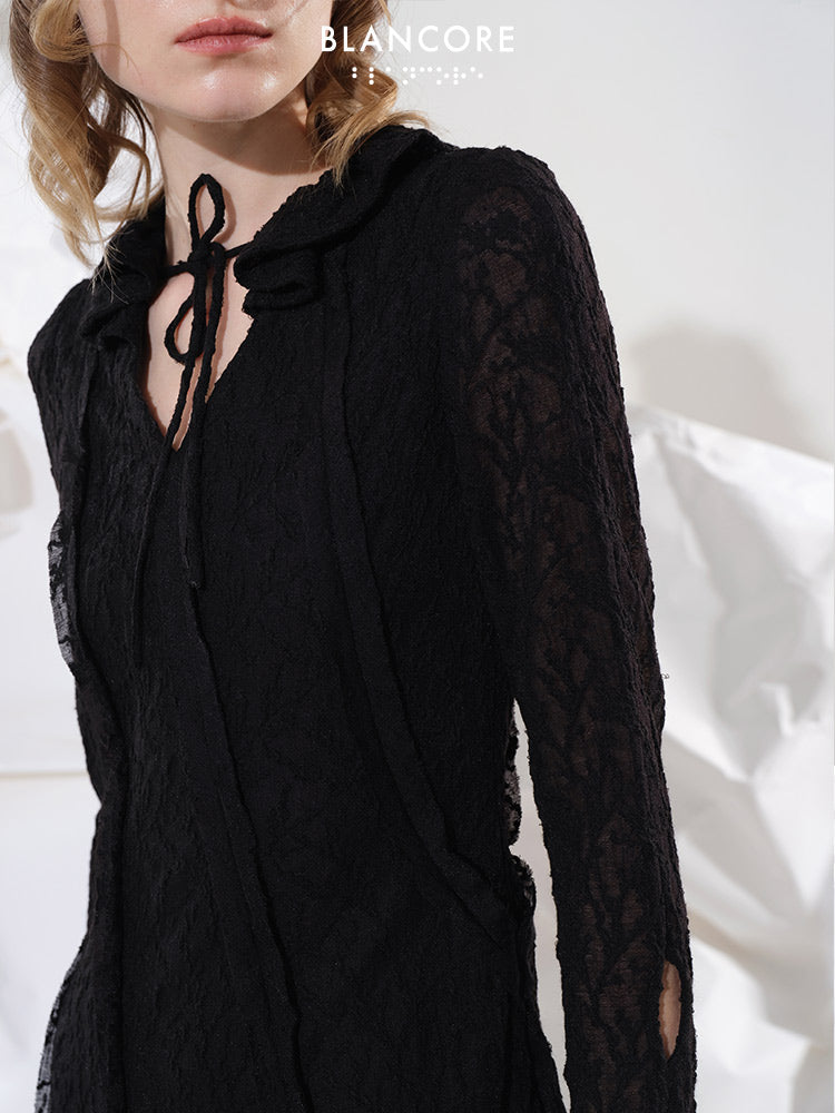Lace Long Sleeve Midi Dress With Swing Collar