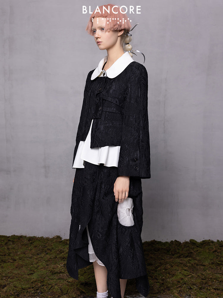 Fake 2-Piece Deconstructed Jacquard Jacket With Doll Collar