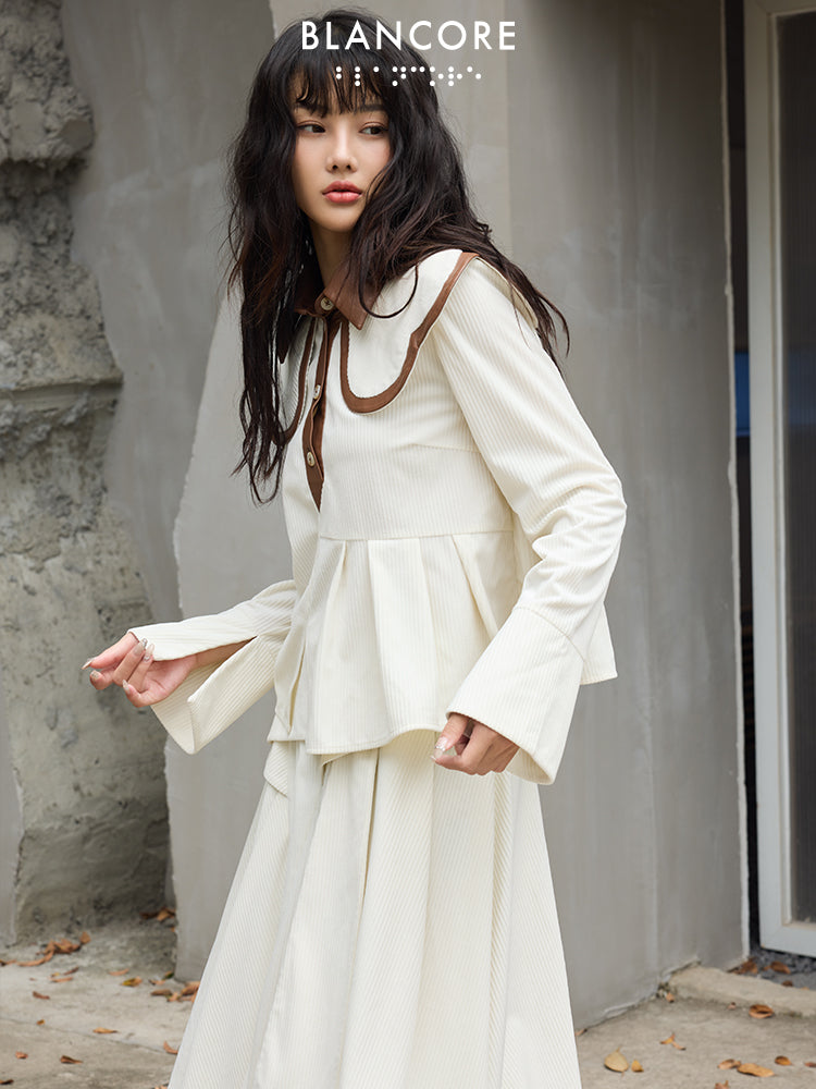 Leather Paneled Top With Petal Collar