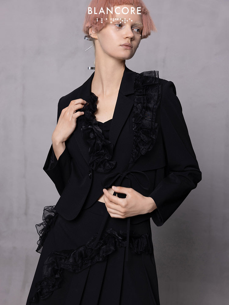 Ruffle-trimmed Lace-up Cropped Blazer With Double Placket