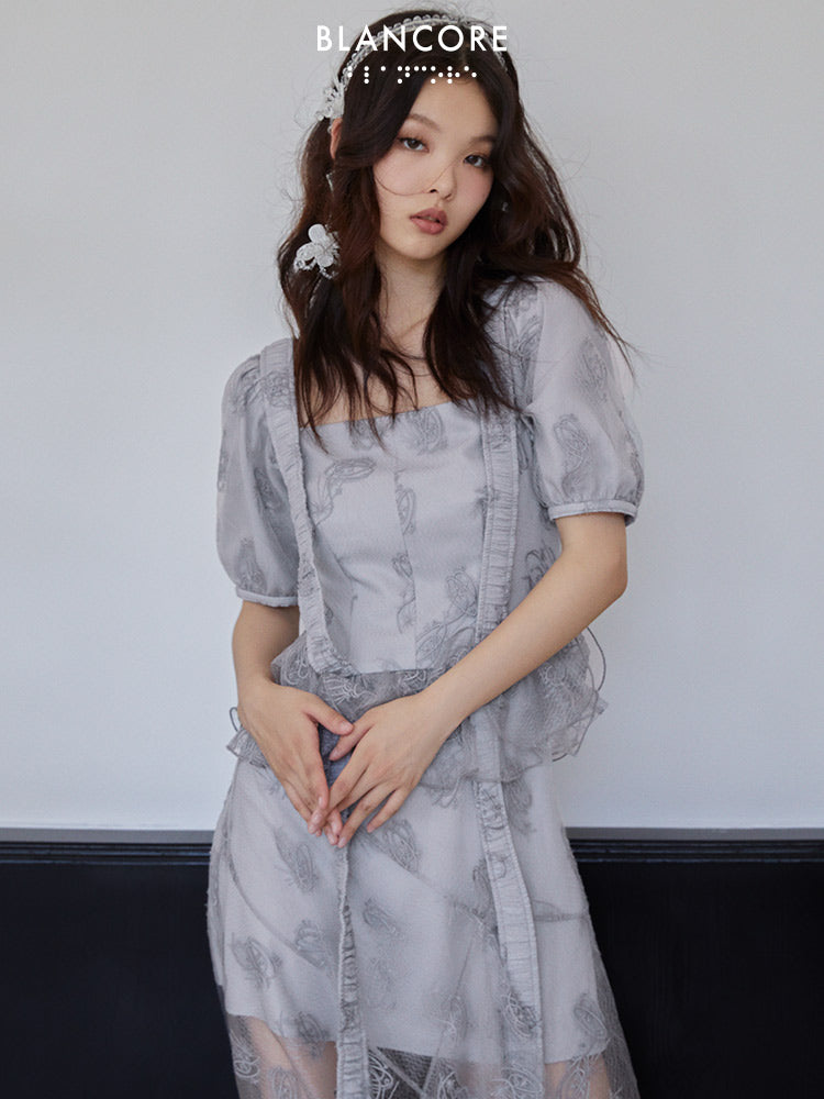 Lace Embroidered Asymmetrical Slit Strap Dress