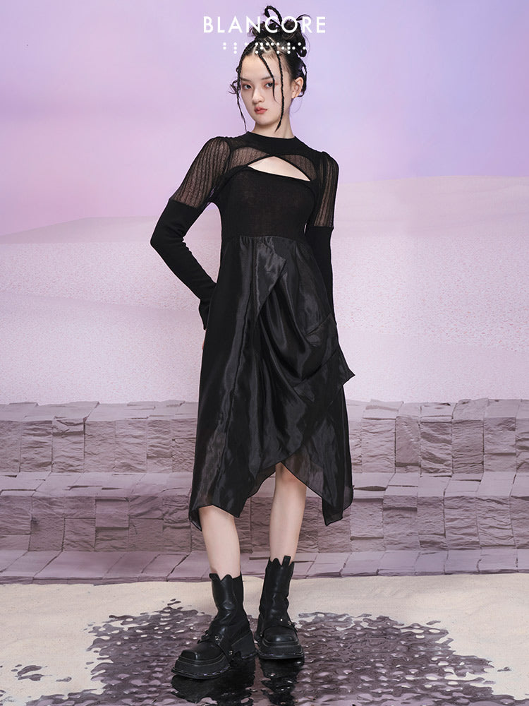 Mesh Paneled Knit Midi Dress