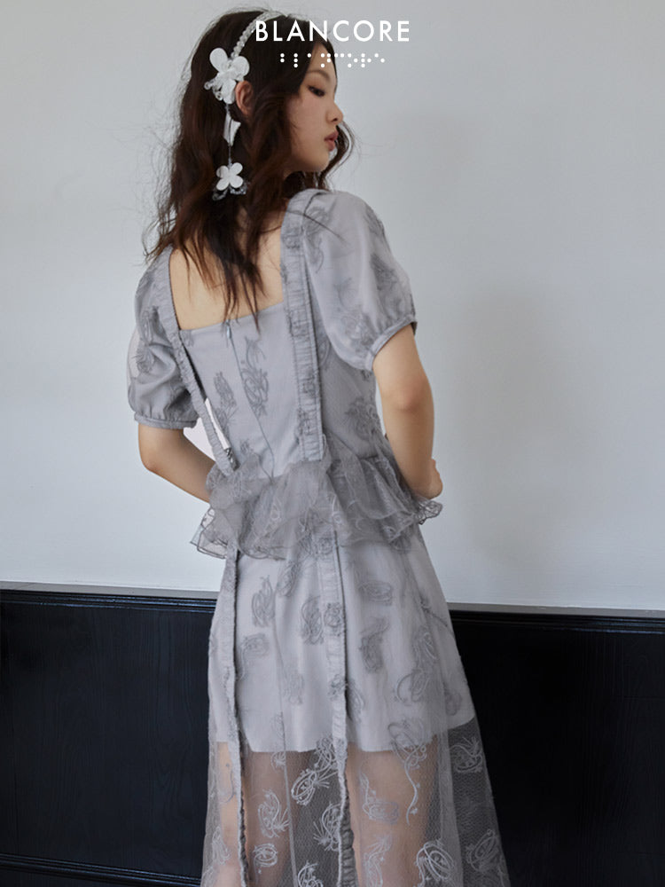 Lace Embroidered Asymmetrical Slit Strap Dress
