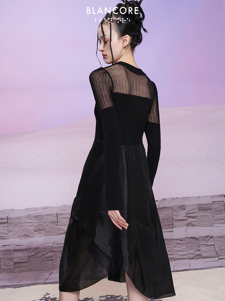 Mesh Paneled Knit Midi Dress