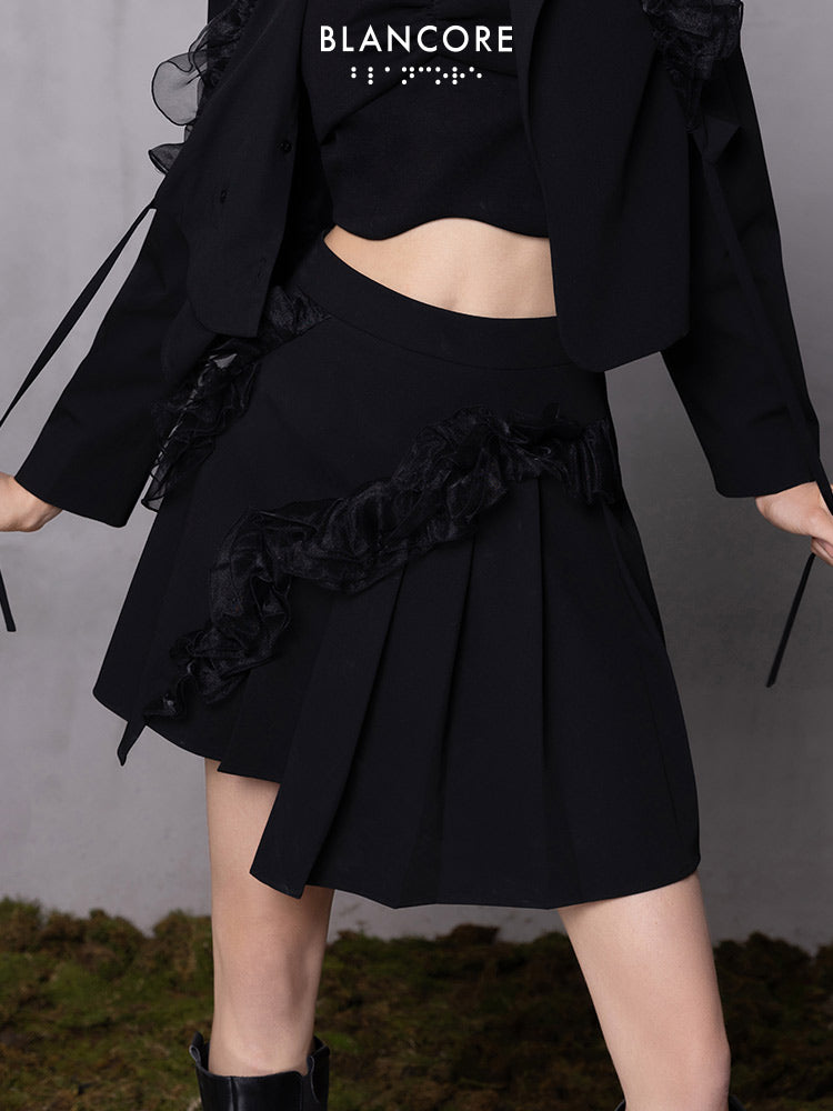 Ruffle-trimmed Asymmetrical Pleated Skirt