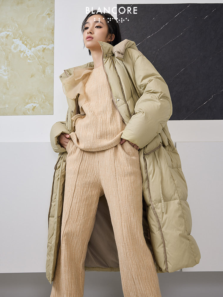 Oversized Long Down Jacket With Diagonal Placket Detail