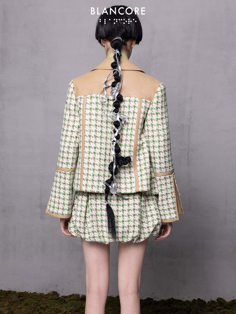 Leather Paneled Houndstooth Jacquard Moto Jacket