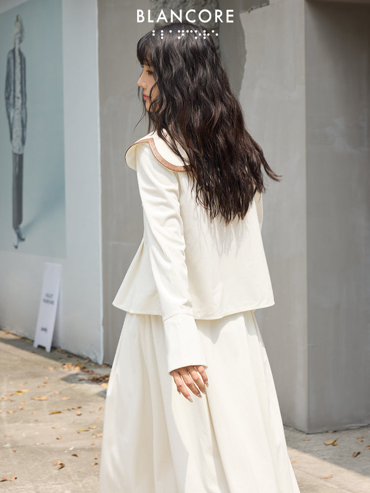 Leather Paneled Top With Petal Collar