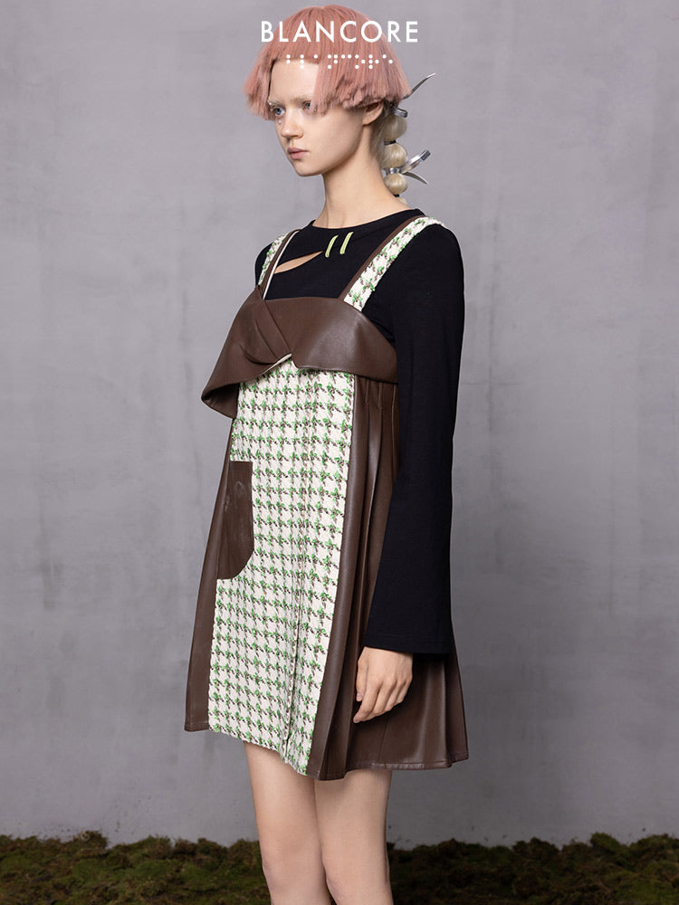 Leather Paneled Houndstooth Jacquard Suspender Skirt